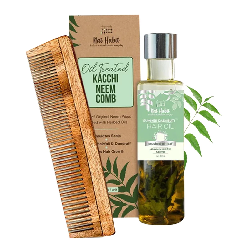 Nat Habit - Back To Natural Secrets Everyday Dual Tooth Wooden Kacchi Neem Comb & Trileaf Dasabuti Hair Oil, 200 g-1.webp